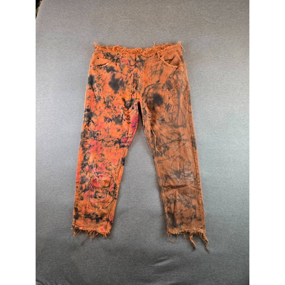 Prevalere x Wrangler Jeans Mens 42x30 Orange Paint Splat Raw‎ Hem Fray Upcycled